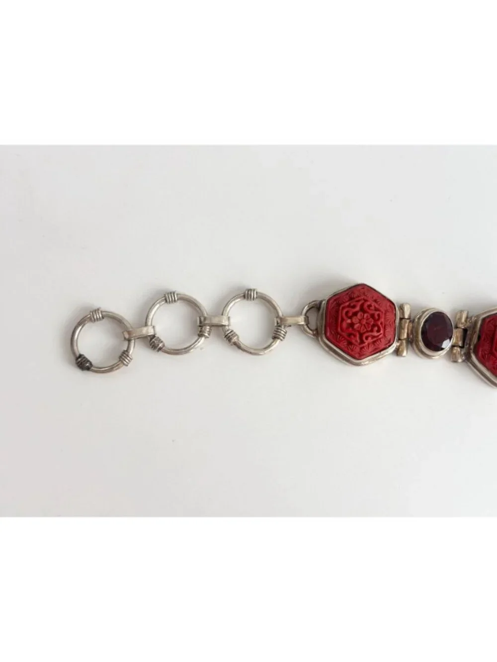 Cinnabar Hand Carved Sterling Silver Octagon Vintage Chainlink 925 Bracelet